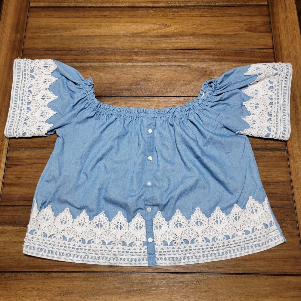 Love J Blue Crop Off Shoulder Blouse w/ White Lace - Size Medium